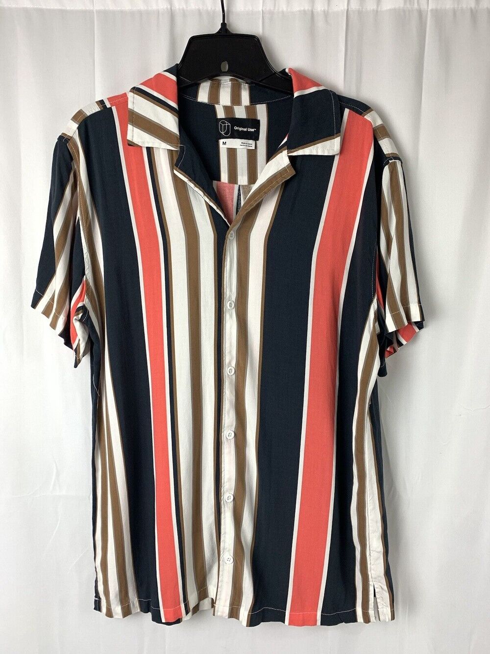 Original Use Striped Button Up Short Sleeve Shirt Navy Blue Orange M Preppy